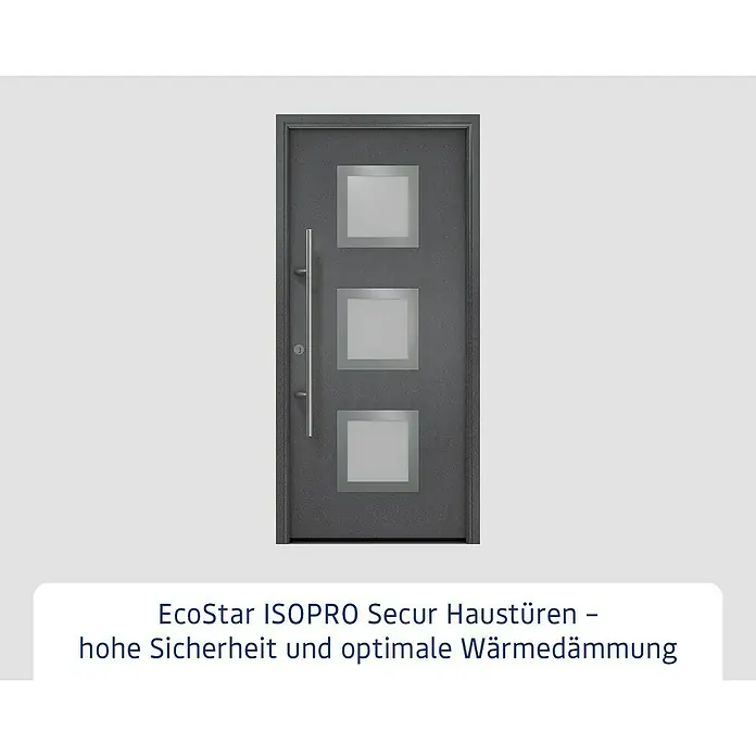 Hörmann EcoStar Haustür ISOPRO Secur IPS 810S - 110 x 210 cm, DIN Anschlag: Links, CH 703 Anthrazit Metallic - EcoStar ISOPRO Secur Haustür: Stilvolle Eingangstür mit drei quadratischen Glaseinsätzen und langem Griff für hohe Sicherheit.