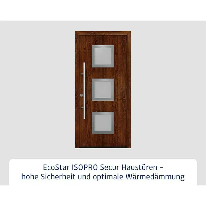Hörmann EcoStar Haustür ISOPRO Secur IPS 810S - 110 x 210 cm, DIN Anschlag: Links, Dark Oak - Produktbild einer modernen EcoStar ISOPRO Secur Haustür in Holzoptik mit drei quadratischen Glaseinsätzen und einem langen, senkrechten Türgriff.