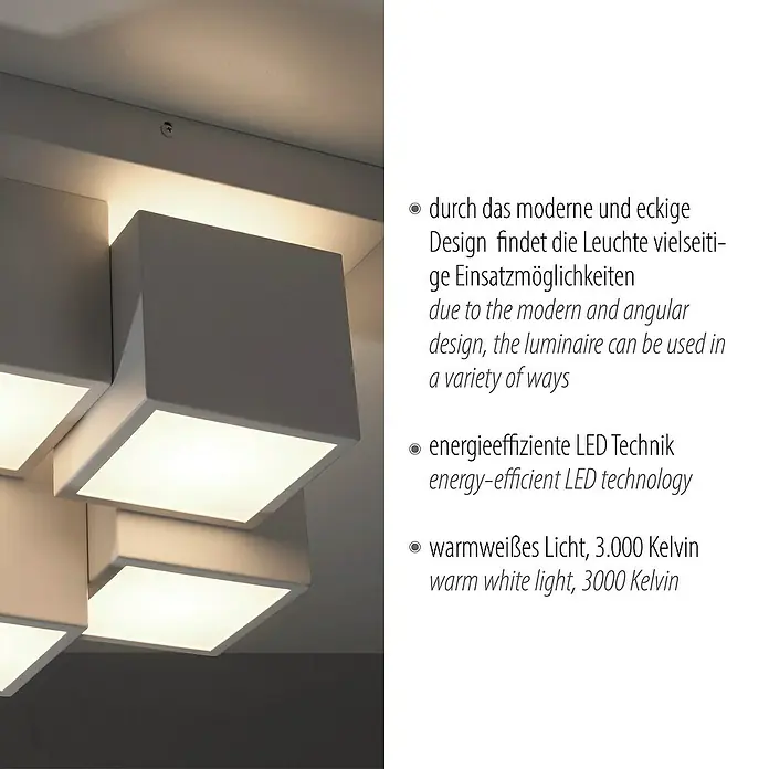 Just Light LED-Deckenleuchte Tetris - 19 W, L x B x H: 30 x 30 x 25 cm, Weiß, Warmweiß - Moderne LED-Deckenleuchte mit eckigem Design, die vielseitige Einsatzmöglichkeiten bietet und warmweißes Licht spendet.
