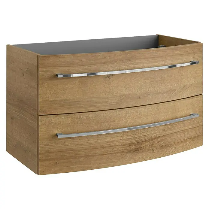 Camargue Badmöbel-Set - Berg Eiche, Matt, 90 cm, 3 -tlg., 20,16 W - Ein moderner Badezimmerschrank aus hellem Holz mit zwei Schubladen und silbernen Griffen. Optimal für mehr Stauraum im Bad.