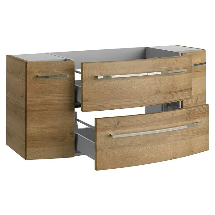 Camargue Badmöbel-Set - Berg Eiche, Matt, 120 cm, 4 -tlg., 21,6 W - Ein moderner Waschtischunterschrank mit zwei Schubladen in Holzoptik und silbernen Griffen für ein stilvolles Badezimmer.