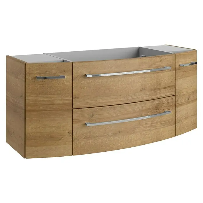 Camargue Badmöbel-Set - Berg Eiche, Matt, 120 cm, 4 -tlg., 21,6 W - Ein moderner Waschtischunterschrank in Holzoptik mit zwei Schubladen und Griffen aus Metall. Ideal für ein stilvolles Badezimmer.