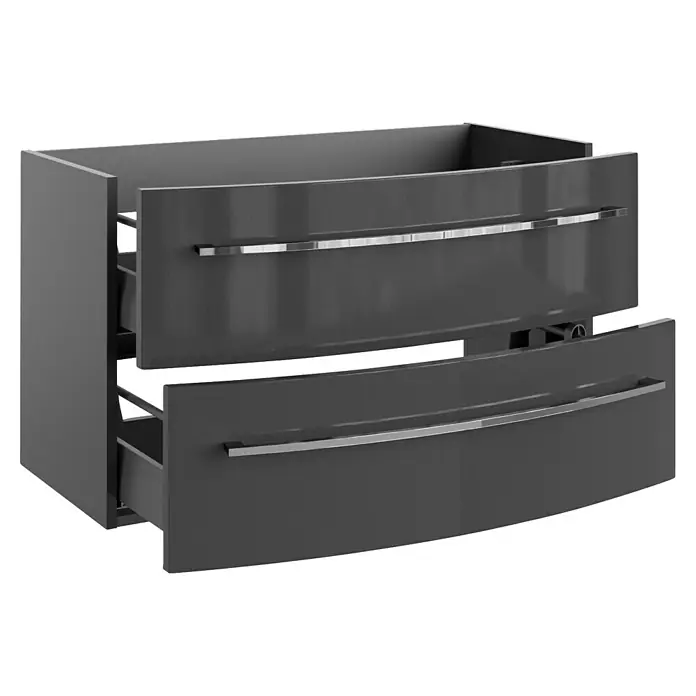 Camargue Badmöbel-Set - Grafit, Glänzend, 90 cm, 3 -tlg., 15,84 W - Grauer Badezimmerschrank mit zwei Schubladen und gebogenen Fronten. Die Griffe sind aus glänzendem Metall.