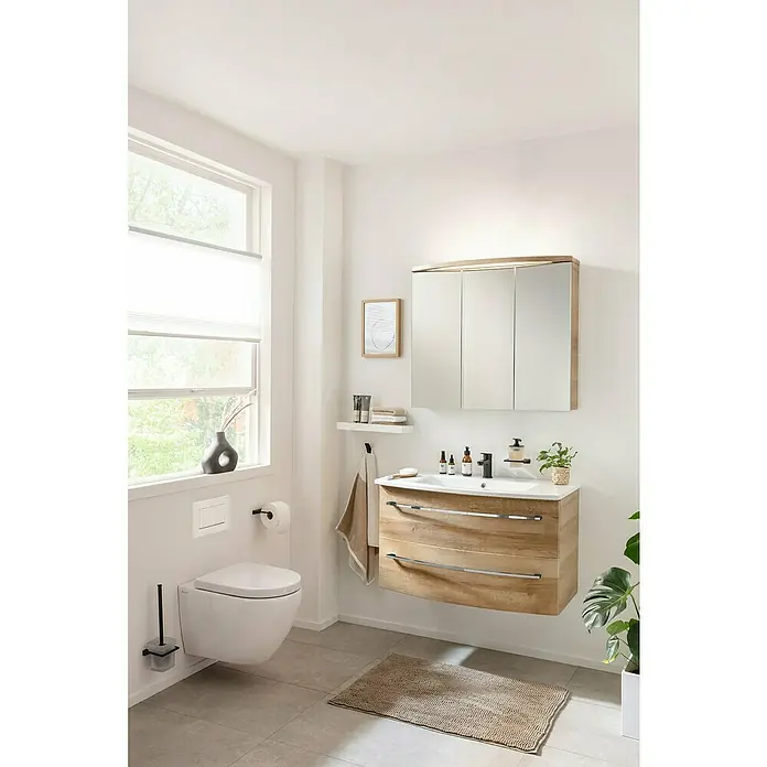 Camargue Badmöbel-Set - Berg Eiche, Matt, 90 cm, 3 -tlg., 15,84 W - Helles Badezimmer mit Waschtischunterschrank aus Holz, Spiegelschrank und hängendem WC für ein modernes und stilvolles Ambiente.
