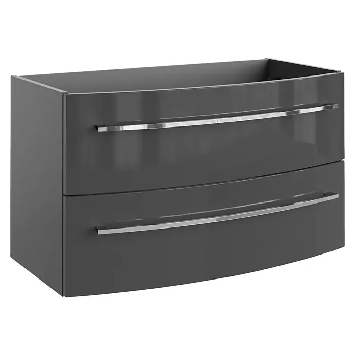 Camargue Badmöbel-Set - Grafit, Glänzend, 90 cm, 3 -tlg., 15,84 W - Moderner grauer Waschtischunterschrank mit zwei Schubladen und eleganten silbernen Griffen, ideal für jedes Badezimmerdesign.