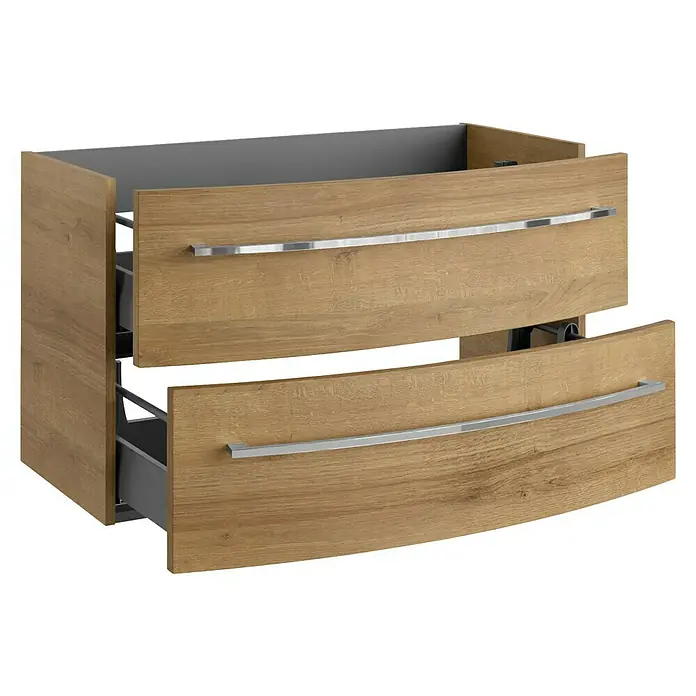 Camargue Badmöbel-Set - Berg Eiche, Matt, 90 cm, 3 -tlg., 20,16 W - Holzfarbener Waschtischunterschrank mit zwei Auszügen und silbernen Griffen. Moderner Look für das Badezimmer.