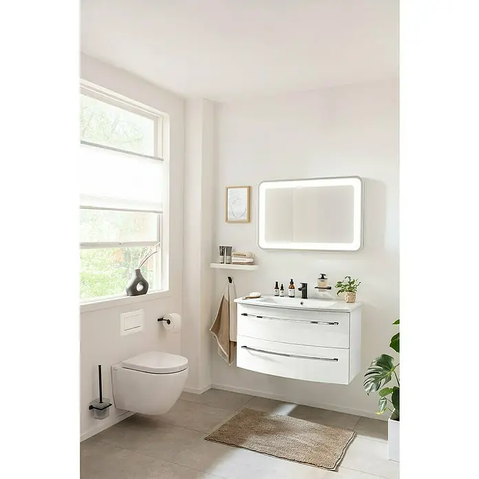 Camargue Badmöbel-Set - Weiß, Glänzend, 90 cm, 3 -tlg., 20,16 W - Badezimmer mit weißem Waschtisch mit Schubladen, beleuchtetem Spiegel, hängendem WC und Fenster für ein modernes Ambiente.