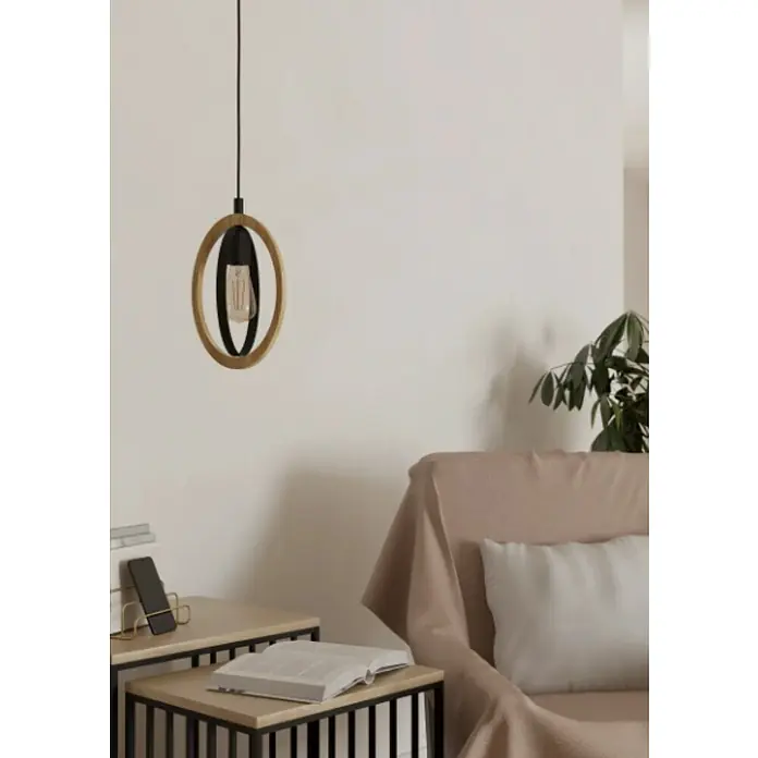 Eglo Basildon Hängelampe - 40 W, Ø x H: 19 x 110 cm, Schwarz, Braun, E27 - Elegante Hängeleuchte mit einem Rahmen aus Holz und schwarzem Metall, die eine moderne und warme Atmosphäre schafft. Perfekt für Wohnzimmer.