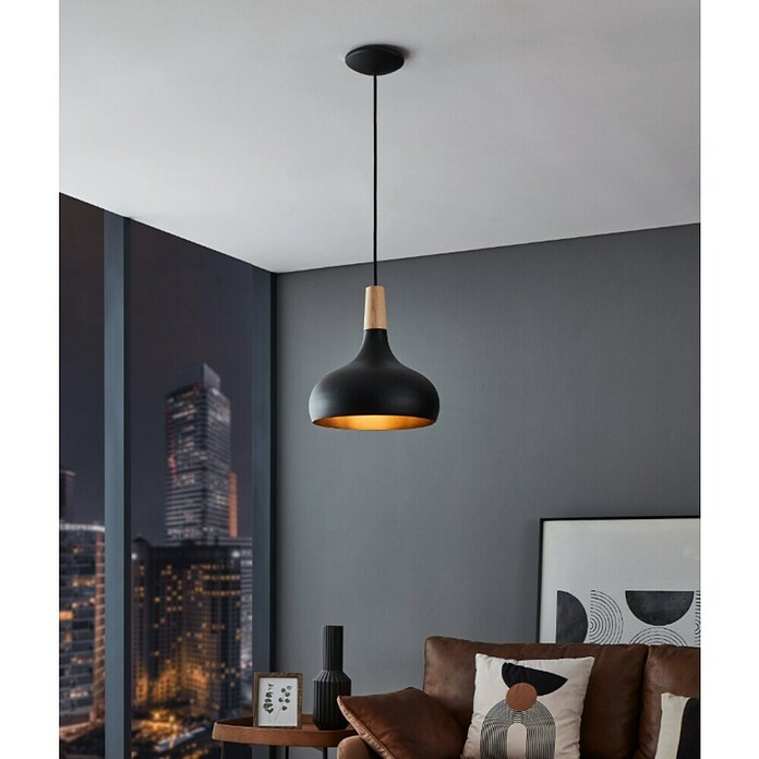 Eglo Lámpara colgante redonda Sabinar (40 W, Ø x Al: 28 x 11 cm, Negro/Marrón, E27) | BAUHAUS
