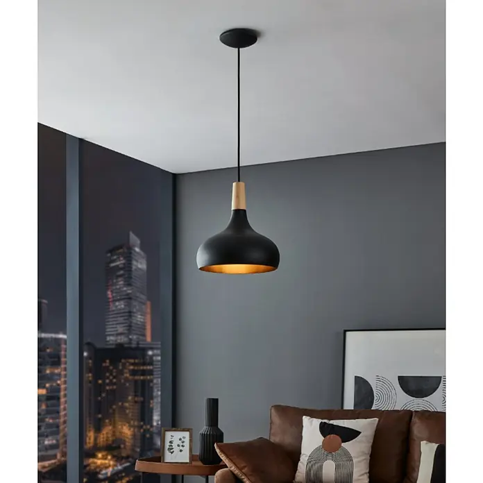 Eglo Lámpara colgante redonda Sabinar - 40 W, Ø x Al: 28 x 11 cm, Negro/Marrón, E27 - Elegante lámpara colgante con pantalla negra y detalle de madera, que proporciona una luz cálida y un ambiente moderno.