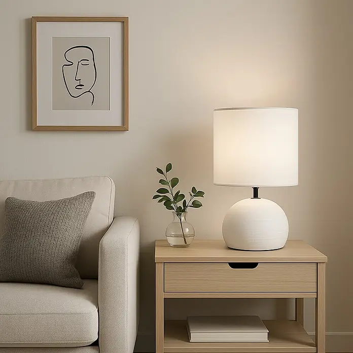 Trio Lighting Lámpara de sobremesa Luci - 40 W, Ø x Al: 14 x 23 cm, Blanco, E14 - Una lámpara de mesa esférica blanca con pantalla sobre una mesa auxiliar, iluminando suavemente la estancia.