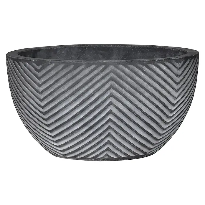 Pflanzschale rund Alessandria - Außenmaß (Ø x H): 36 x 31 cm, Grau - Moderner Pflanztopf aus dunklem Material mit markantem Zickzackmuster. Ideal für stilvolle Innen- und Außendekoration.