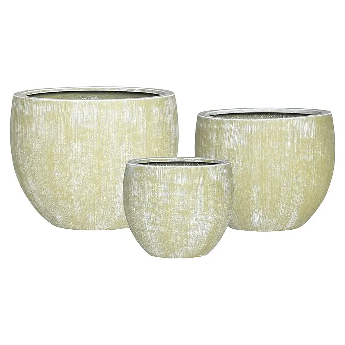 Pflanztopf Brescia - Außenmaß (Ø x H): 44 x 36 cm, Almond - Diese Aufnahme zeigt ein Set aus drei Blumentöpfen in verschiedenen Größen mit einer strukturierten, hellen Oberfläche, ideal für den Garten.