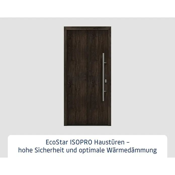 Hörmann EcoStar Haustür ISOPRO IP 010 - 110 x 210 cm, DIN Anschlag: Rechts, Night Oak - Eine moderne EcoStar ISOPRO Haustür in dunkler Holzoptik mit einem langen, silbernen Griff.