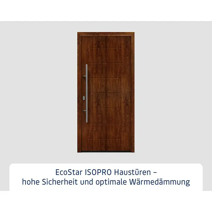 Hörmann EcoStar Haustür ISOPRO IP 015 - 110 x 210 cm, DIN Anschlag: Links, Dark Oak - Abbildung einer EcoStar ISOPRO Haustür mit Holzdekor und einem langen, silbernen Griff für hohe Sicherheit und optimale Wärmedämmung.
