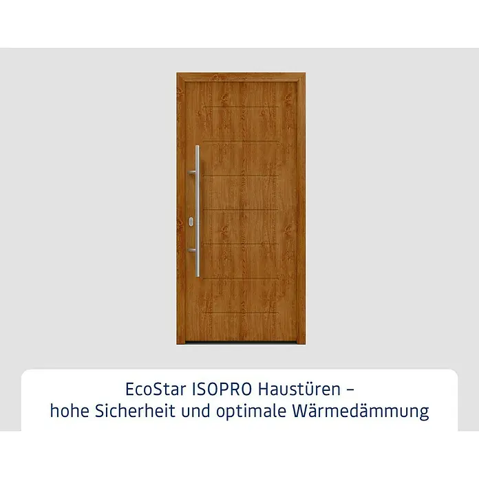 Hörmann EcoStar Haustür ISOPRO IP 015 - 110 x 210 cm, DIN Anschlag: Links, Golden Oak - EcoStar ISOPRO Haustür in Holzoptik mit Edelstahlgriff. Hohe Sicherheit und optimale Wärmedämmung für Ihr Zuhause.