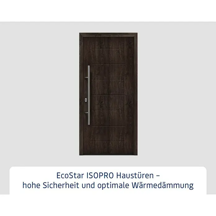 Hörmann EcoStar Haustür ISOPRO IP 015 - 110 x 210 cm, DIN Anschlag: Links, Night Oak - Eine moderne EcoStar ISOPRO Haustür in dunkler Holzoptik mit einem langen, silbernen Griff. Die Tür bietet hohe Sicherheit und optimale Wärmedämmung.