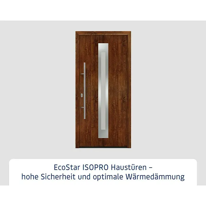 Hörmann EcoStar Haustür ISOPRO IP 770S - 110 x 210 cm, DIN Anschlag: Links, Dark Oak - Bild einer modernen EcoStar ISOPRO Haustür in Holzoptik mit einem senkrechten Glaseinsatz und einem eleganten, langen Türgriff.