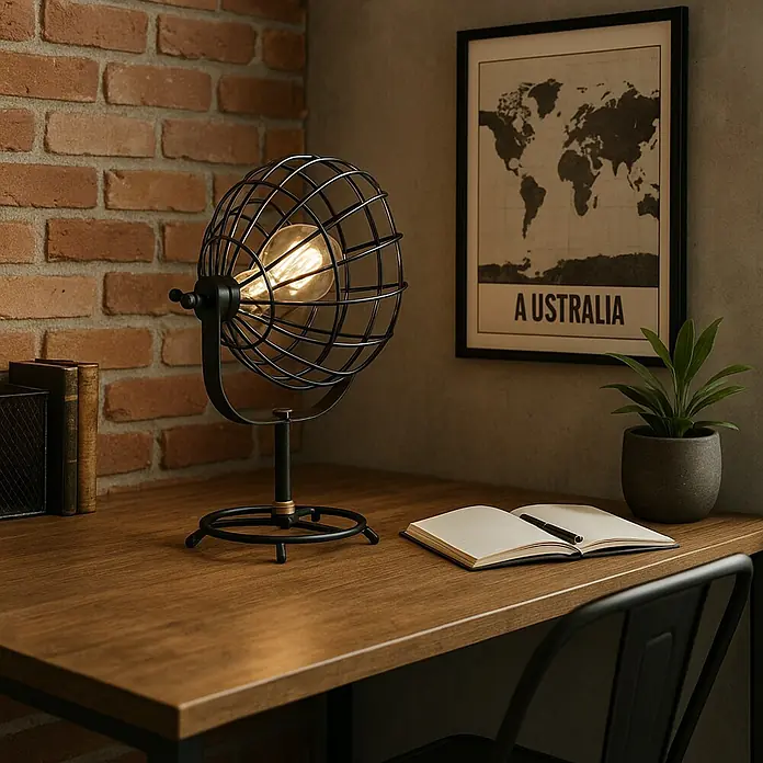 Tween Light Vinto Lámpara de sobremesa - 40 W, L x An x Al: 30 x 30 x 45 cm, Negro/Marrón, E27 - Primer plano de una lámpara de escritorio de estilo vintage con una jaula metálica decorativa alrededor de la bombilla, colocada en un escritorio.