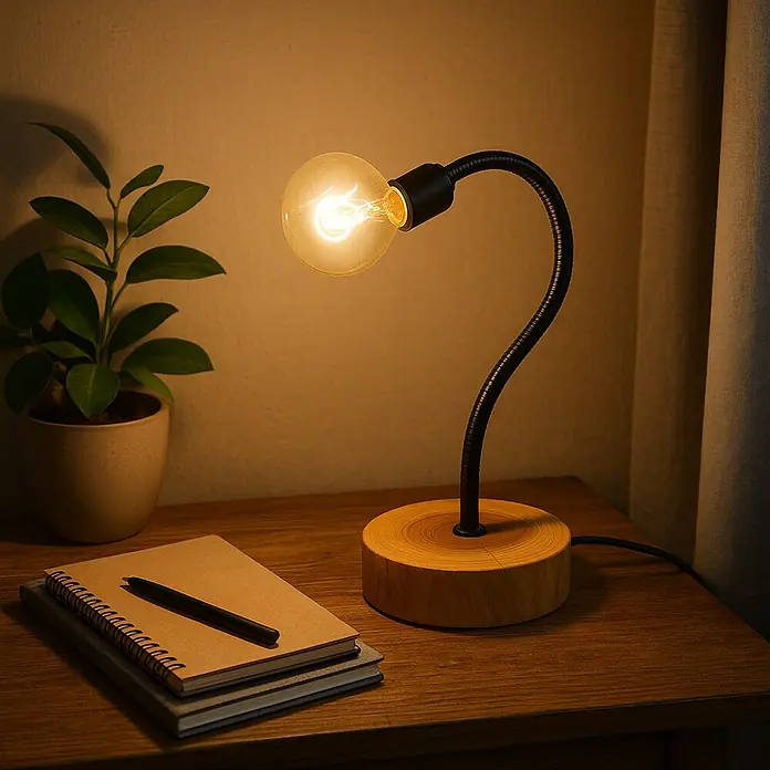 Tween Light Lámpara de sobremesa Broni - 40 W, Negro/Marrón, E27 - Elegante lámpara de mesa con luz cálida y base de madera. Perfecta para mesita de noche o escritorio, creando un ambiente acogedor.