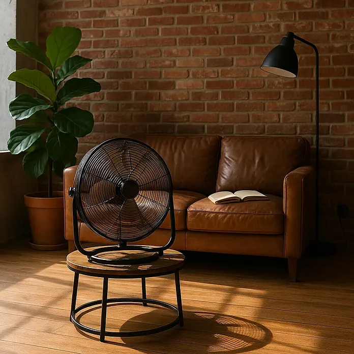 Ventilador de suelo Industrial - 180 W, Negro, 60 cm - Un elegante ventilador negro sobre una mesa auxiliar, con una pared de ladrillos y un sofá de cuero al fondo.