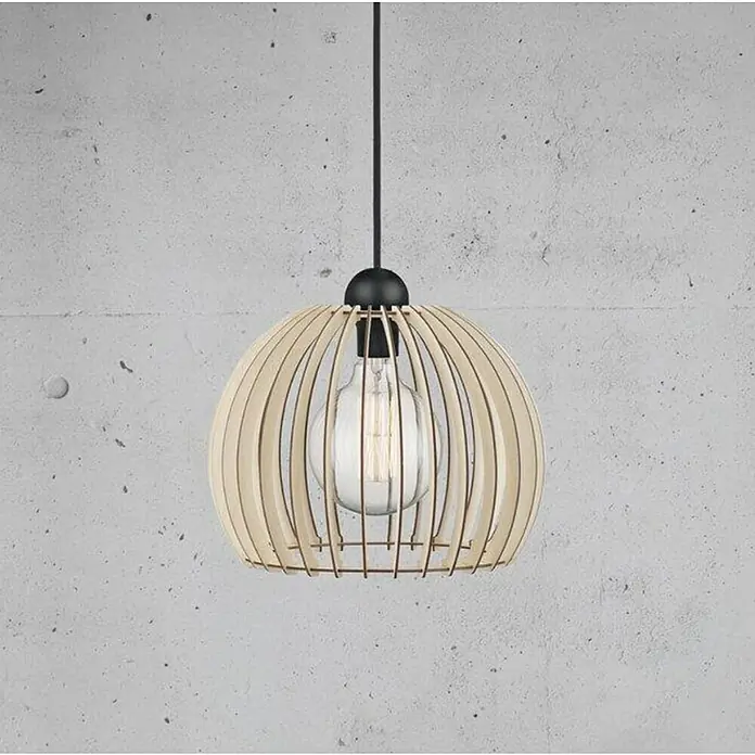 Nordlux Lámpara colgante redonda Chino - 60 W, Ø x Al: 40 x 250 cm, Natural, E27 - Elegante lámpara colgante con pantalla de madera clara y bombilla transparente, creando un ambiente moderno.
