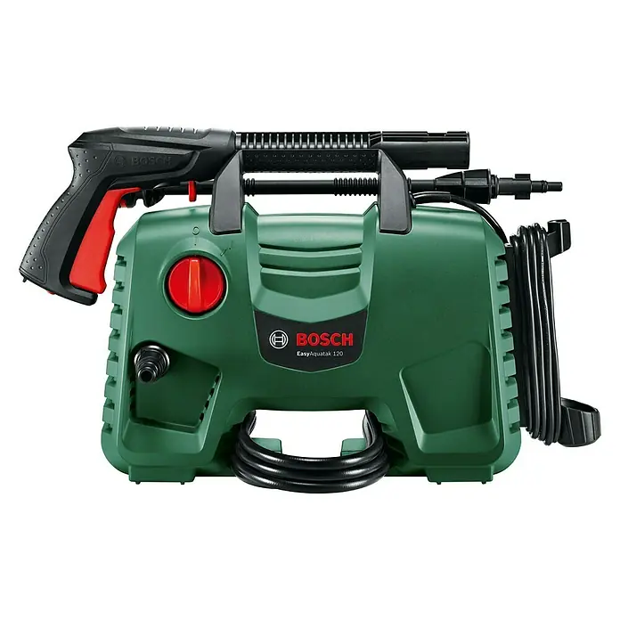 Bosch Hochdruckreiniger EasyAquatak 120 - 1.500 W - Abbildung eines Bosch EasyAquatak 120 Hochdruckreinigers mit Pistole und Zubehör. Das Gerät ist grün mit schwarzen Details.