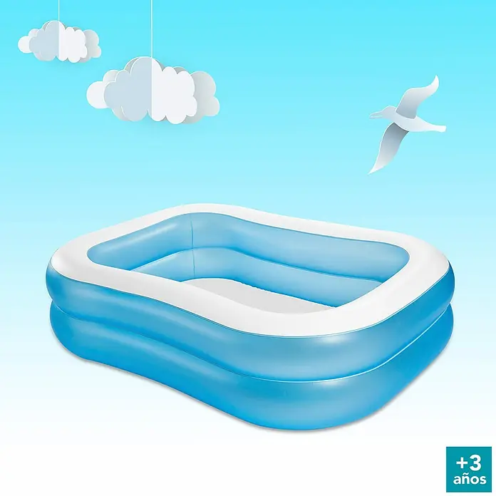 Intex Piscina hinchable familiar - L x An x Al: 203 x 152 x 48 cm, 540 l, Azul - Esta imagen muestra una piscina inflable con borde azul e interior blanco, ideal para niños a partir de 3 años para disfrutar del verano al aire libre.
