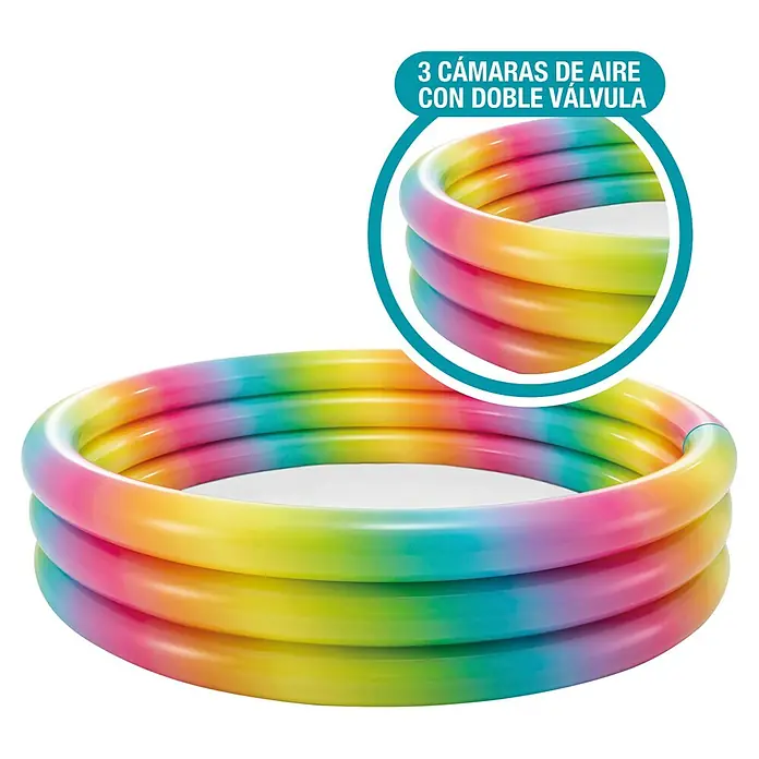 Intex Piscina hinchable 3 Aros - Ø x Al: 168 x 38 cm, 581 l, Multicolor - La imagen muestra una vibrante piscina inflable de tres niveles con el texto "3 cámaras con doble válvula", perfecta para niños.