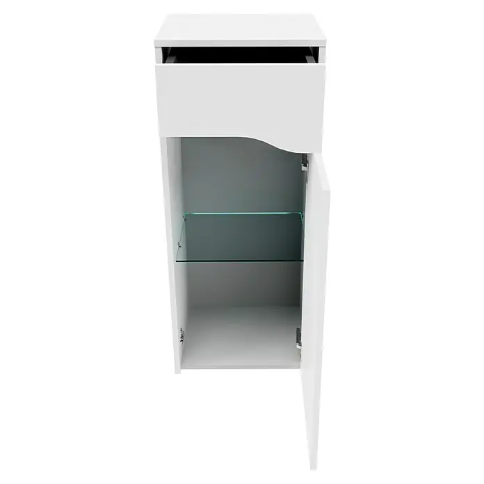 Camargue Curve Badmöbel-Set - Gesamtbreite Badmöbel: 80 cm, Weiß, Matt, DIN Anschlag: Rechts, Mit LED-Spiegelschrank - Ein offener, weißer Badschrank mit einem transparenten Glasregal im Inneren, ideal zur Aufbewahrung von Badutensilien und zur stilvollen Badgestaltung.