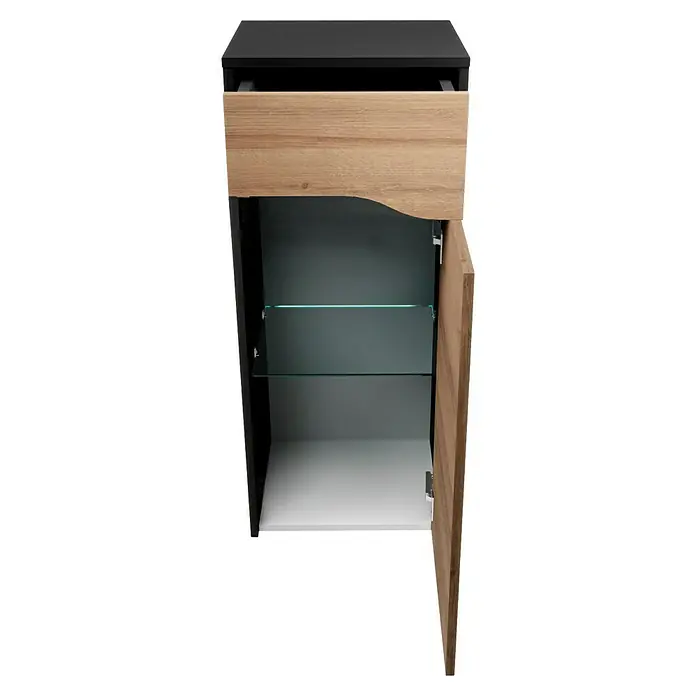 Camargue Curve Badmöbel-Set - Gesamtbreite Badmöbel: 80 cm, Berg-Eiche/Schwarz, Matt, DIN Anschlag: Rechts, Mit Lichtspiegel - Offener Badschrank mit Holztür, Ablagefach und schwarzer Schublade. Elegantes Design für stilvolle Badezimmer.