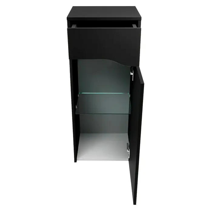 Camargue Curve Badmöbel-Set - Gesamtbreite Badmöbel: 80 cm, Schwarz, Matt, DIN Anschlag: Rechts, Mit LED-Spiegelschrank - Schwarzer Hängeschrank mit einer Schublade und einer offenen Tür, die ein Glasregal und viel Stauraum freigibt. Ideal für jedes Badezimmer.