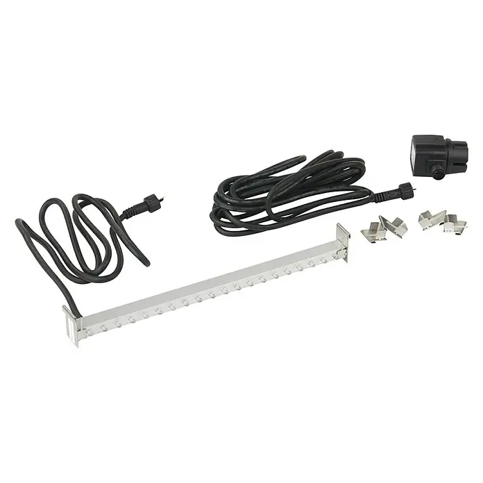 Ubbink LED-Lichtleiste - 1 W, Lichtfarbe: Neutralweiß, Länge: 30 cm - Abbildung eines LED-Lichtleisten-Sets mit Kabeln, Stromversorgung und Montageclips auf schwarzem Hintergrund.