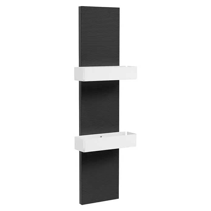 Camargue Marea Badmöbel-Set - Anthrazit/Weiß, Matt, DIN Anschlag: Links, 5 -tlg., Anzahl Spiegeltüren: 1 Stk. - Nahaufnahme eines modularen Heizkörpers mit Lamellenstruktur und weißen Regalen, der modernes Design und Funktionalität vereint.