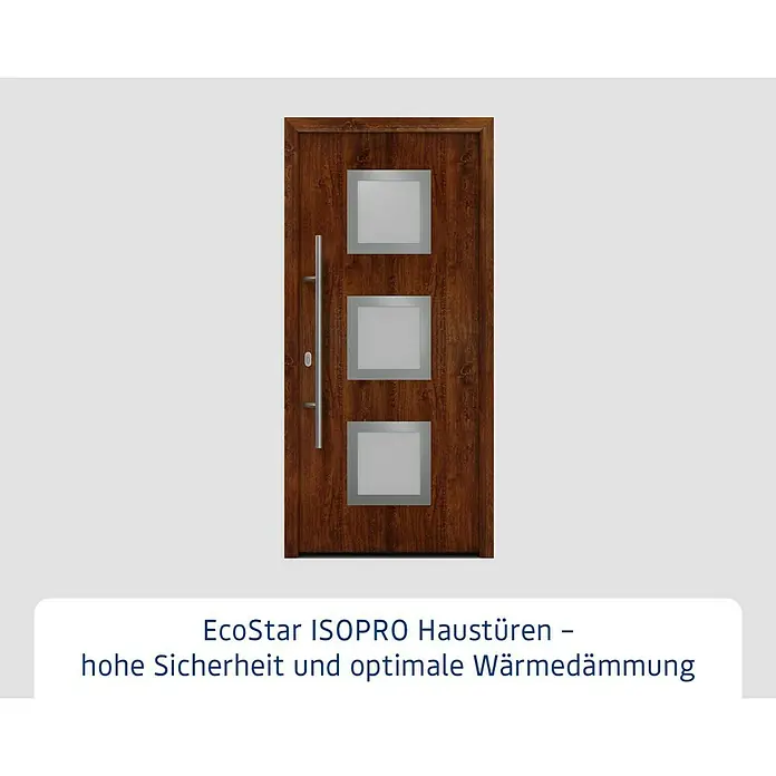 Hörmann EcoStar Haustür ISOPRO IP 810S - 110 x 210 cm, DIN Anschlag: Links, Dark Oak - Eine moderne EcoStar ISOPRO Haustür in Holzoptik mit drei quadratischen Glaseinsätzen und einem langen, vertikalen Türgriff.