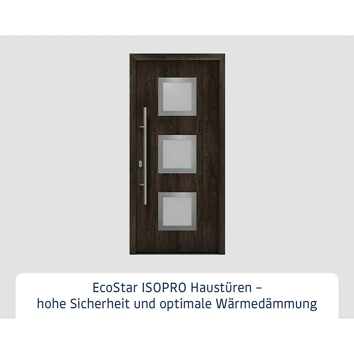 Hörmann EcoStar Haustür ISOPRO IP 810S - 110 x 210 cm, DIN Anschlag: Links, Night Oak - EcoStar ISOPRO Haustür mit drei quadratischen Fenstern und einem langen Griff für hohe Sicherheit und optimale Wärmedämmung.