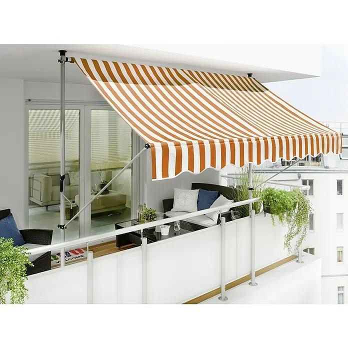 Sunfun Klemmmarkise - Orange/Weiß, Breite: 3 m, Ausfall: 1,5 m - Markise in Orange-Weiß gestreiftem Design, ideal für Balkon oder Terrasse, bietet Sonnenschutz und stilvolle Optik mit Wellenkante.