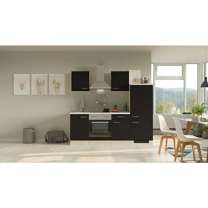 Flex-Well Turin Küchenzeile Typ 1 - Breite: 220 cm, Höhe: 200 cm, Anthrazit, Mit Elektrogeräten - Elegante Küchenzeile mit schwarzen Schränken, Dunstabzugshaube und integriertem Ofen. Modernes Küchendesign für stilvolle Wohnräume.