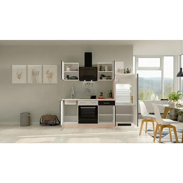 Flex-Well Turin Küchenzeile Typ 3 - Breite: 220 cm, Anthrazit, Mit Elektrogeräten - Helle Küche mit modernen Einbauschränken, schwarzer Dunstabzugshaube und großem Kühlschrank neben einem Esstisch.