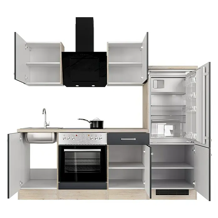 Flex-Well Turin Küchenzeile Typ 3 - Breite: 220 cm, Anthrazit, Mit Elektrogeräten - Eine moderne Küche mit offenen Schränken, einem Herd, einer Spüle und einem Kühlschrank. Die Küche ist in Schwarz, Weiß und Holz gehalten.