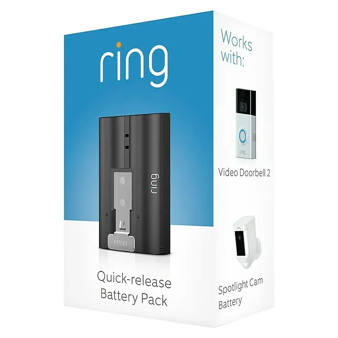 Ring Akkupack Schnellwechsel Quick Release Battery Pack - Für passende Ring Cams/Doorbell - Die Produktverpackung des Ring Quick-Release Akkupacks, kompatibel mit Ring Video Doorbell 2 und Spotlight Cam Battery.