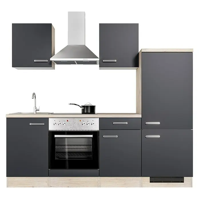 Flex-Well Turin Küchenzeile Typ 1 - Breite: 220 cm, Höhe: 200 cm, Anthrazit, Mit Elektrogeräten - Modernes Küchenset mit grauen Schränken, Dunstabzugshaube und eingebautem Ofen. Elegantes Design für zeitgemäße Küchen.
