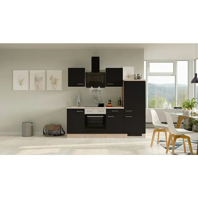 Flex-Well Turin Küchenzeile Typ 3 - Breite: 220 cm, Anthrazit, Mit Elektrogeräten - Moderne Küchenzeile in Schwarz und Holzoptik, inklusive Hängeschränken, Dunstabzugshaube und Einbaugeräten für eine stilvolle Einrichtung.