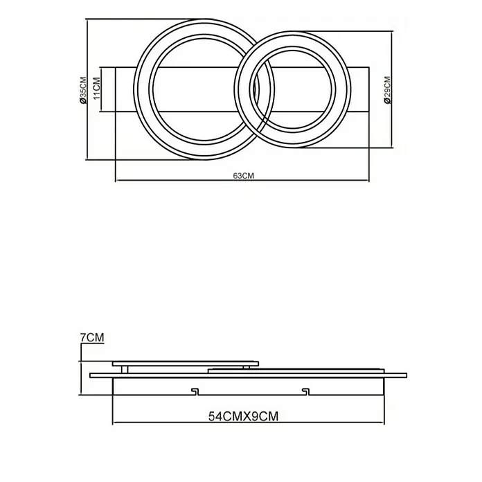 Globo LED-Deckenleuchte Jayden - 40 W, L x B x H: 630 x 350 x 70 mm, Warmweiß - Produktskizze einer modernen, an der Wand montierten LED-Leuchte mit zwei ineinandergreifenden Kreisen und den Maßen.