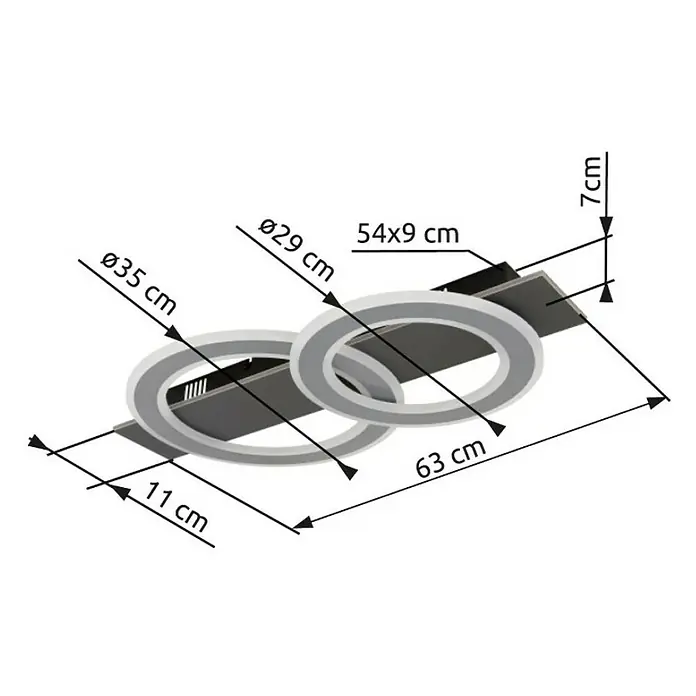 Globo LED-Deckenleuchte Jayden - 40 W, L x B x H: 630 x 350 x 70 mm, Warmweiß - Abbildung einer modernen LED-Deckenleuchte mit zwei Ringen und Abmessungen. Sie hat ein elegantes Design und ist in verschiedenen Größen erhältlich.