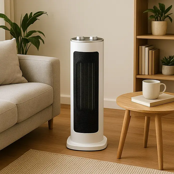 Voltomat HEATING Calefactor cerámico - 2.000 W, Blanco, 41,5 x 16,5 x 16,5 cm - Un calefactor de torre blanco moderno está en una sala de estar junto a un sofá y una mesa auxiliar. El calefactor tiene controles plateados en la parte superior.
