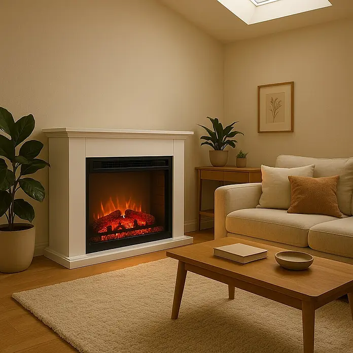 Chimenea eléctrica Mini - 1.500 W, Blanco, 20 x 70 x 70 cm - Salón con chimenea eléctrica, mesa de centro, sofá, planta y un cuadro colgado en la pared.