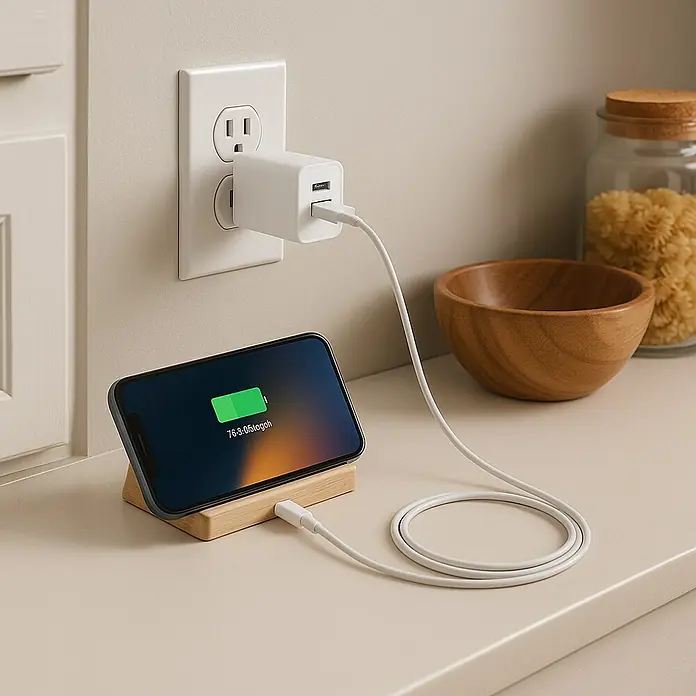 BAUHAUS Cargador USB Quick Charger - x 2, Blanco, USB-A hembra, USB-C hembra - Un smartphone se carga con un cable de carga blanco y un adaptador de corriente enchufado a una toma de corriente. El teléfono descansa sobre un soporte de madera.