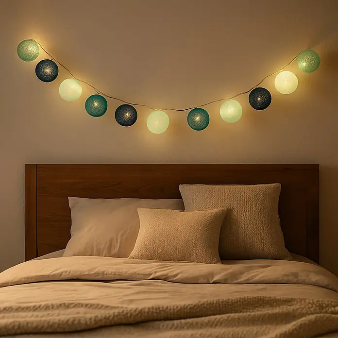 Tween Light LED-Lichterkette Ball - Innen, Anzahl Leuchtmittel: 20 Stk., Batteriebetrieben, Grün, Blau - Eine stimmungsvolle Lichterkette mit farbigen Kugeln hängt über einem gemütlichen Bett mit Holzkopfende.