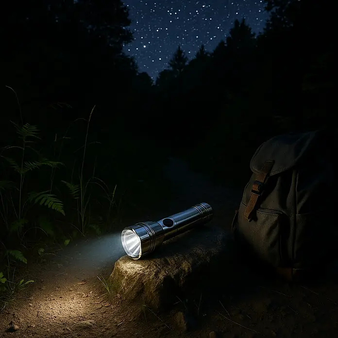 BAUHAUS Linterna Antra 3A - 46 lm, 140 mm - Primer plano de una linterna brillante que ilumina una roca junto a una mochila en una noche oscura.